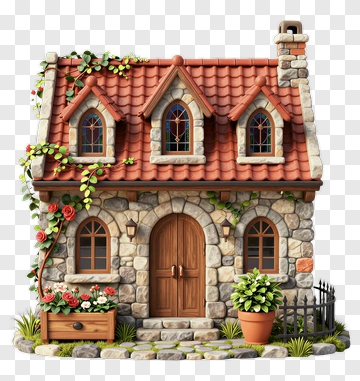Charming Stone Cottage With Flower Bed PNG