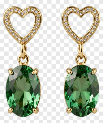 Gold Heart Earrings With Green Gemstones PNG