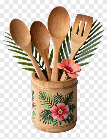 Wooden Utensil Holder With Tropical Flowers PNG