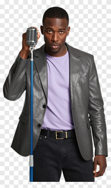 Man Holding A Microphone In A Leather Jacket PNG