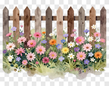 Colorful Flower Garden With Wooden Fence PNG