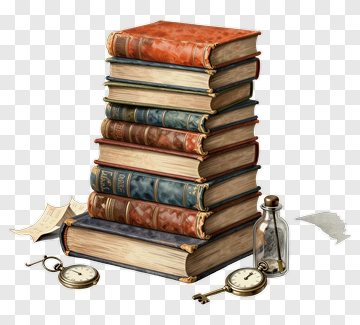 Stack Of Vintage Books With Clock And Bottle PNG