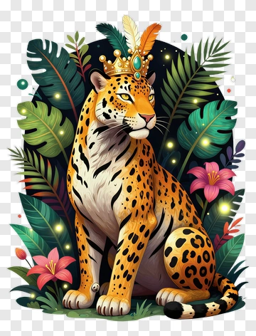 Majestic Leopard With Crown Surrounded By Tropical Foliage PNG