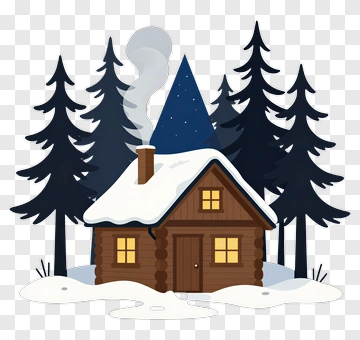 Cartoon Cabin Surrounded By Snowy Pine Trees PNG