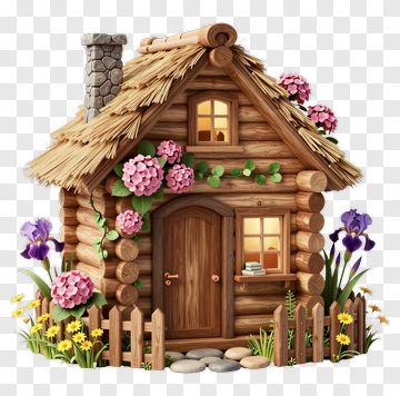 Colorful Wooden Cottage Surrounded By Flowers PNG