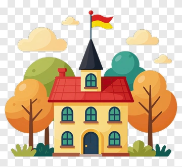Cartoon School House With Colorful Trees PNG