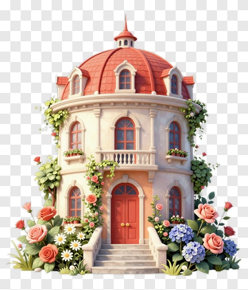 Colorful House Surrounded By Flowers PNG