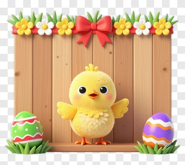 Cartoon Chick With Easter Eggs And Flowers PNG
