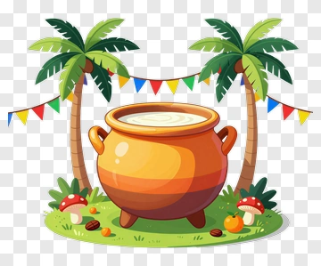 Colorful Cartoon Cauldron Surrounded By Palm Trees PNG