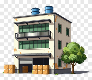 Cartoon Warehouse With Boxes And Tree PNG