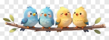 Colorful Cartoon Birds Sitting On A Branch PNG