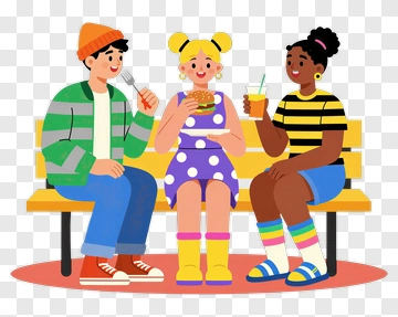 Friends Enjoying Snacks On A Park Bench PNG