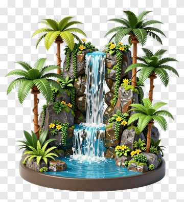 Waterfall With Lush Greenery And Palm Trees PNG