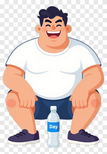 Cartoon Man Squatting With Water Bottle PNG