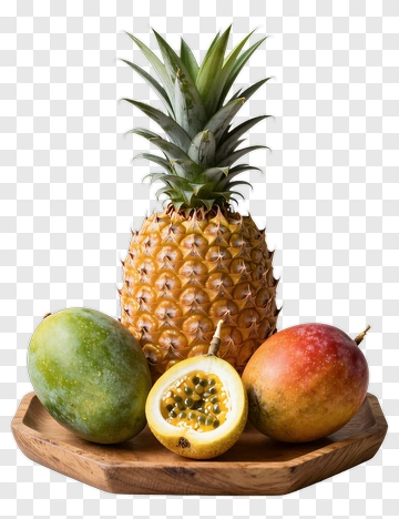 Fresh Pineapple And Tropical Fruits On Wooden Platter PNG