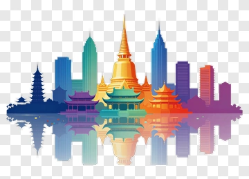 Colorful City Skyline Reflection PNG