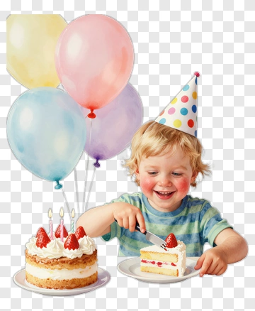 Happy Child Celebrating Birthday With Cake And Balloons PNG