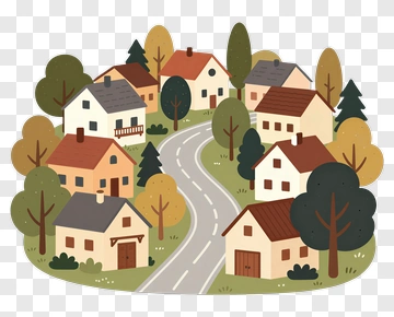 Colorful Village With Trees And Road PNG