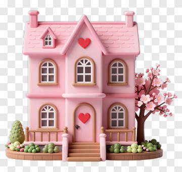 Colorful Dollhouse With Cherry Blossom Tree PNG