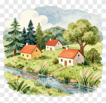 Watercolor Landscape With Houses And Trees PNG
