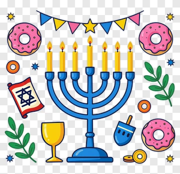 Colorful Hanukkah Menorah With Donuts And Decorations PNG