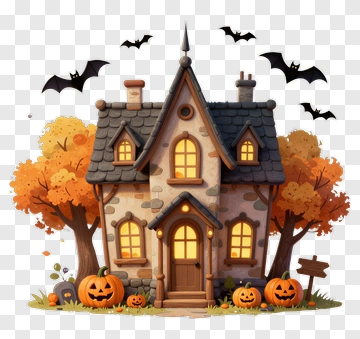 Halloween House With Pumpkins And Bats PNG