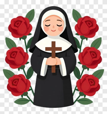 Cartoon Nun Holding A Cross Surrounded By Roses PNG