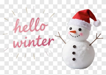 Snowman Wearing A Santa Hat With Hello Winter Text PNG