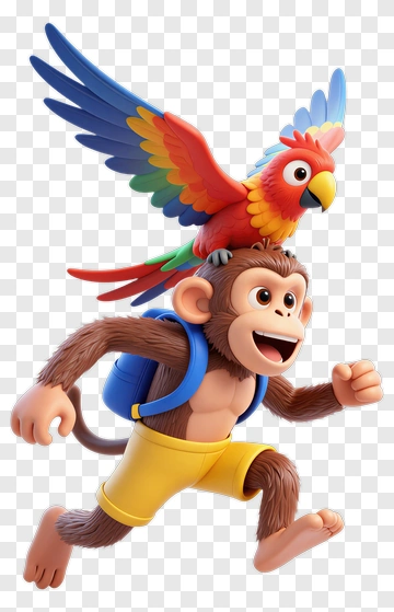 Cartoon Monkey Running With A Colorful Parrot PNG