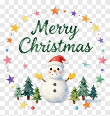 Snowman With Christmas Trees And Stars PNG