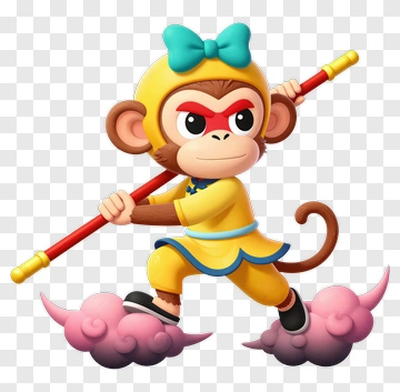 Cartoon Monkey Holding A Staff On Clouds PNG