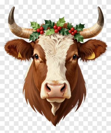 Cow With Christmas Holly Wreath PNG