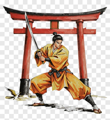 Samurai Holding A Sword In Front Of A Torii Gate PNG