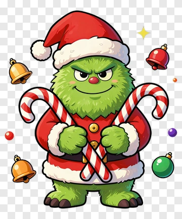 Cartoon Christmas Monster Holding Candy Canes PNG