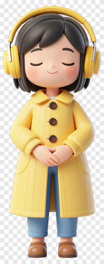 3D Girl In Yellow Coat Wearing Headphones PNG