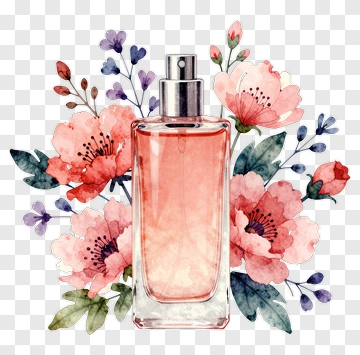 Perfume Bottle Surrounded By Floral Arrangement PNG