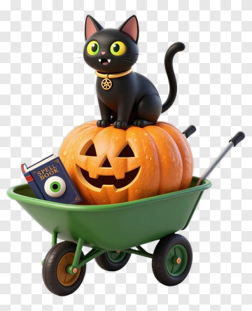 Cartoon Black Cat Sitting On A Halloween Pumpkin PNG