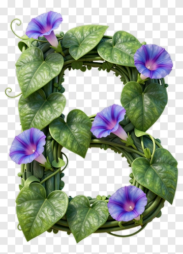 Floral Letter B With Green Leaves And Purple Flowers PNG