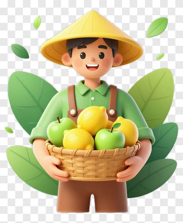 3D Farmer Holding A Basket Of Fruits PNG