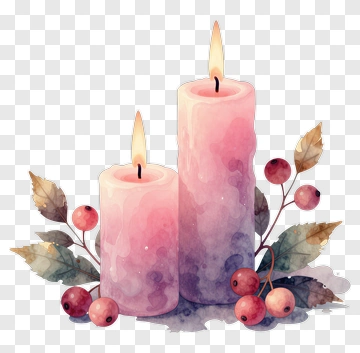 Watercolor Pink Candles With Berries And Leaves PNG