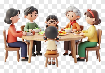 Cartoon Family Sitting At A Dinner Table PNG
