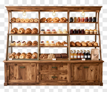 Bakery Display Case With Fresh Pastries And Jars PNG