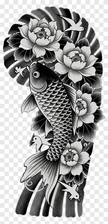 Koi Fish With Lotus Flowers And Birds PNG