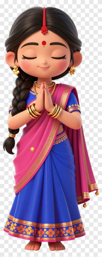 Cartoon Girl In Traditional Indian Attire With Prayer Gesture PNG