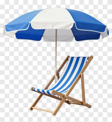 Beach Chair With Blue And White Umbrella PNG
