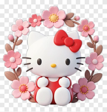 3D Hello Kitty Surrounded By Flowers PNG