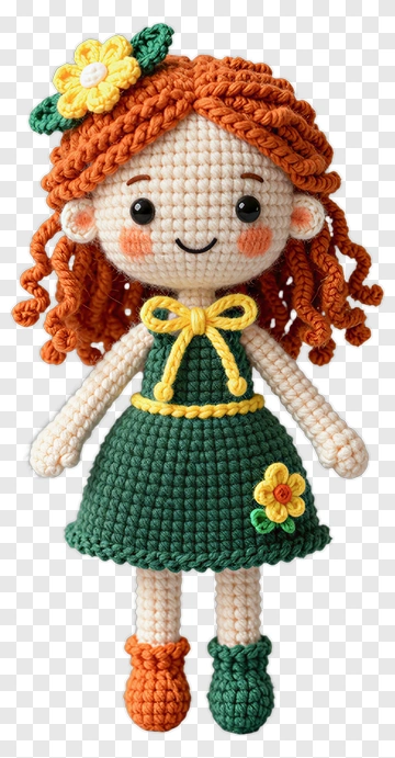 Crochet Doll With Orange Hair And Green Dress PNG