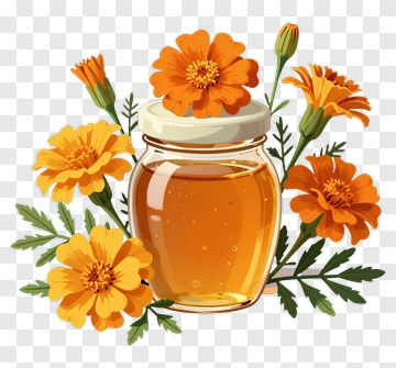 Honey Jar Surrounded By Marigold Flowers PNG