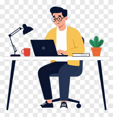 Young Man Working At A Desk With A Laptop PNG