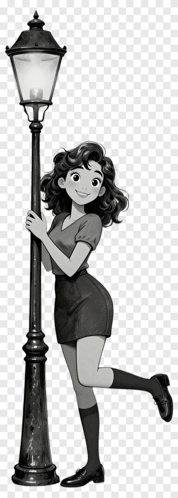 Cartoon Girl Leaning On A Street Lamp PNG